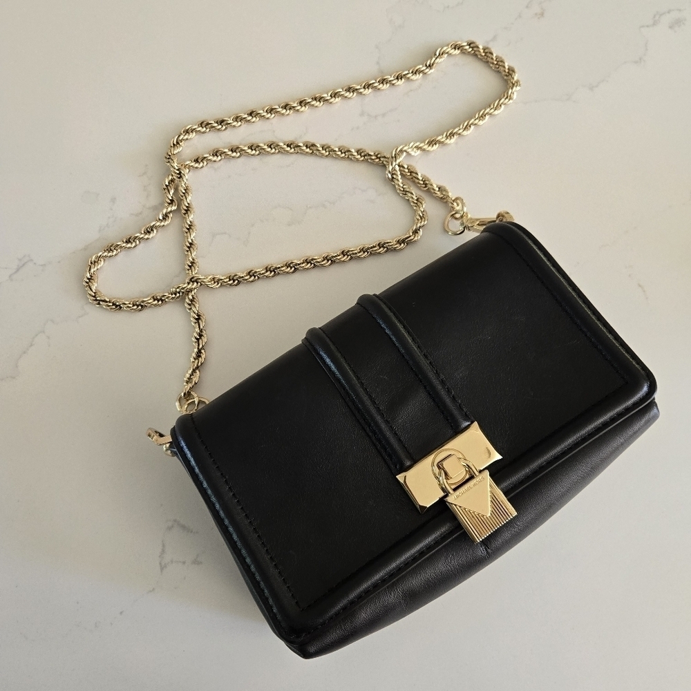 Michael Kors Padlock Chain Crossbody Black Leather Gold Purse Bag